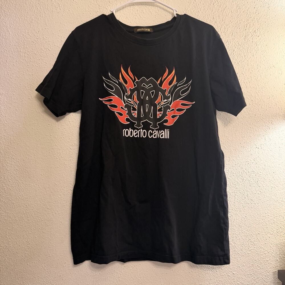 Roberto Cavalli T Shirt Mens XL Fits L Logo Flames Graphic Print Designer Black